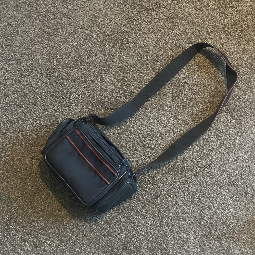 Black Camera Bag With Shoulder Strap Dual Top Zipper Red Interior